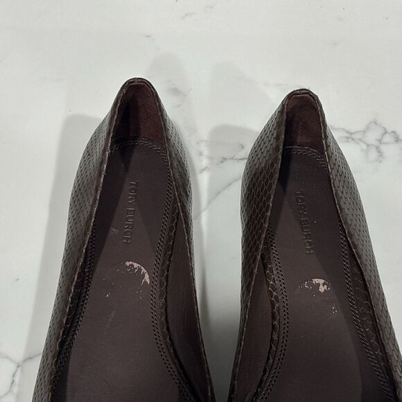 Tory Burch Ballet Flats 10.5 Georgia Square Toe Snakeskin Embossed Leather Brown - Picture 6 of 13